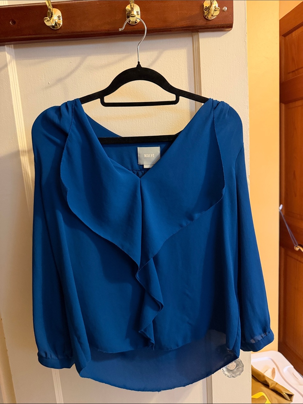 Maeve Royal Blue Ruffle-Front Long Sleeve Blouse